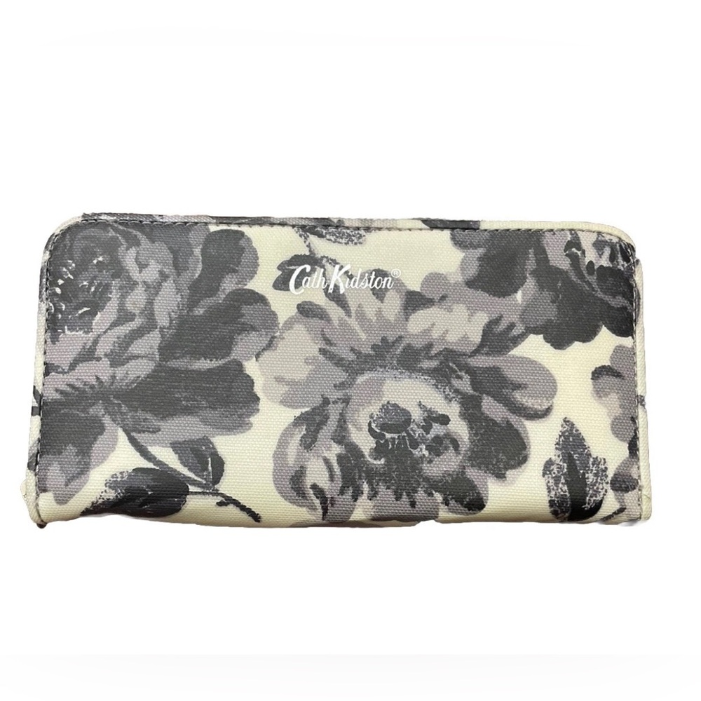 Cath Kidston London Large Zip Around Wallet Floral Gray Violet Cabbage Roses EUC